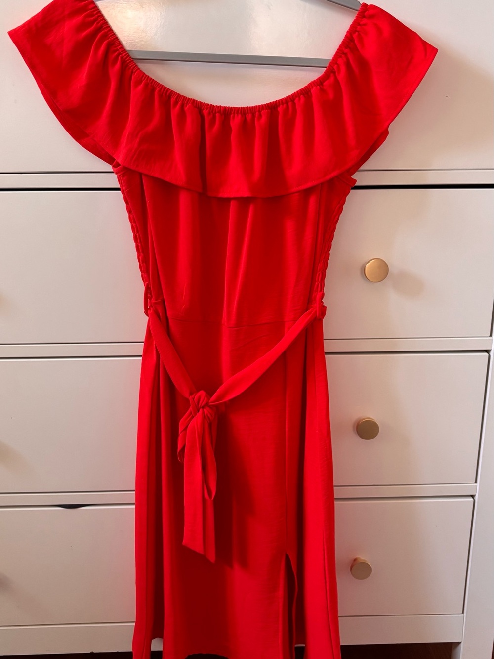 Red Off-Shoulder Ruffle Tie-Waist Dress
